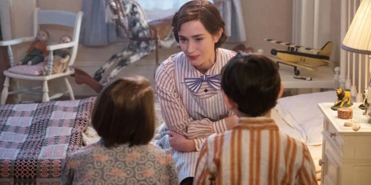 Mary speaks with the Banks children in their room in Mary Poppins Returns