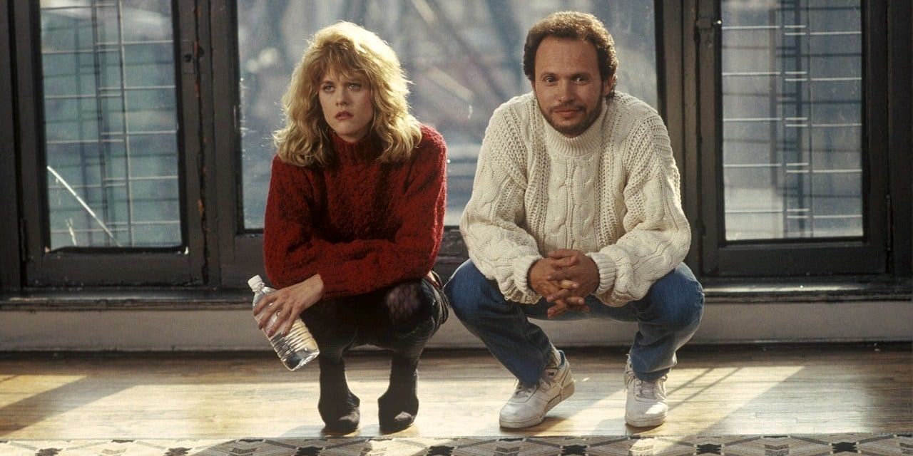 Harry and Sally crouching and looking at the floor