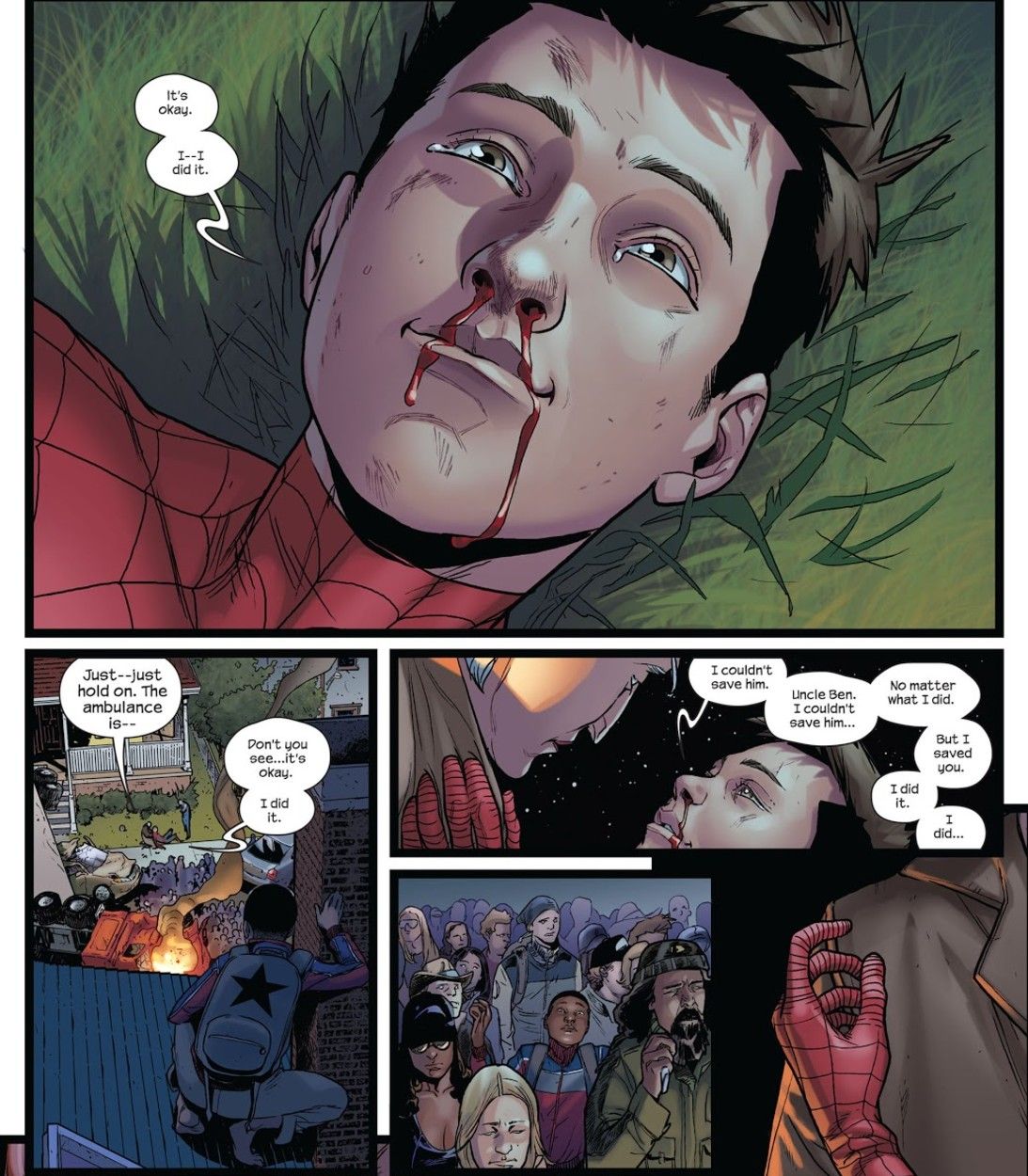 panel komik kematian Spiderman di Ultimate Spiderman