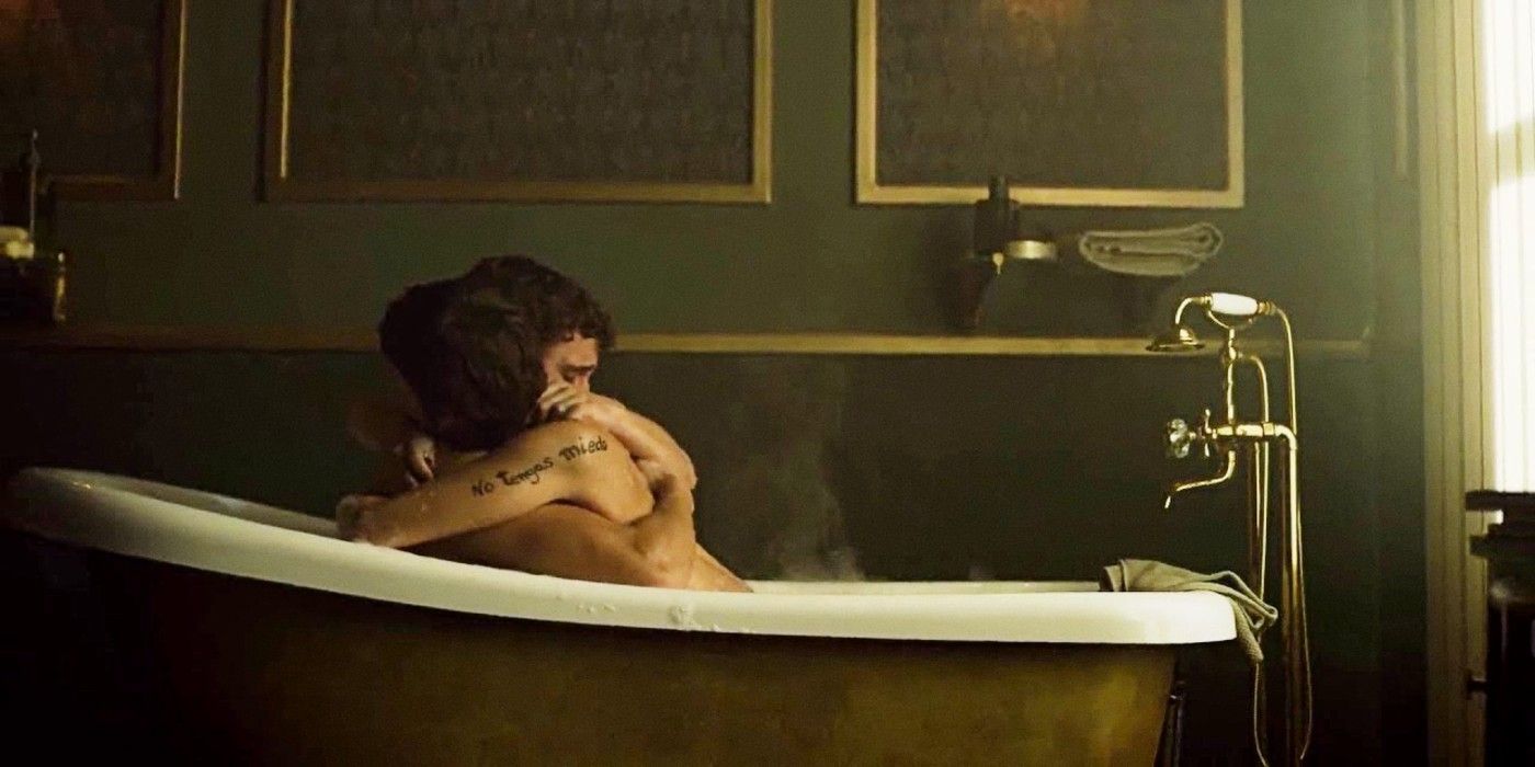 A photo of Tokyo and Rio embracing in a hot bathtub in Money Heist.