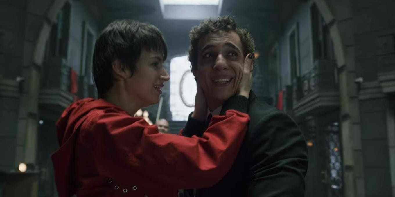 Ursula Corbero and Miguel Herran cry and smile in Money Heist.
