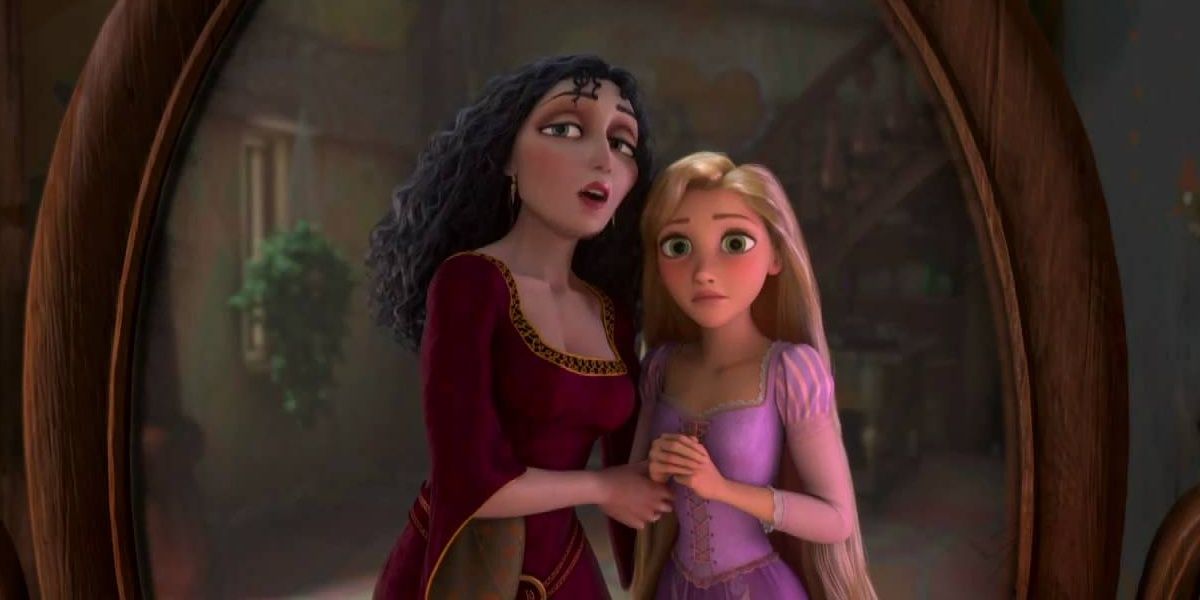 Mother Gothel and Rapunzel look in a mirror in Tangled 