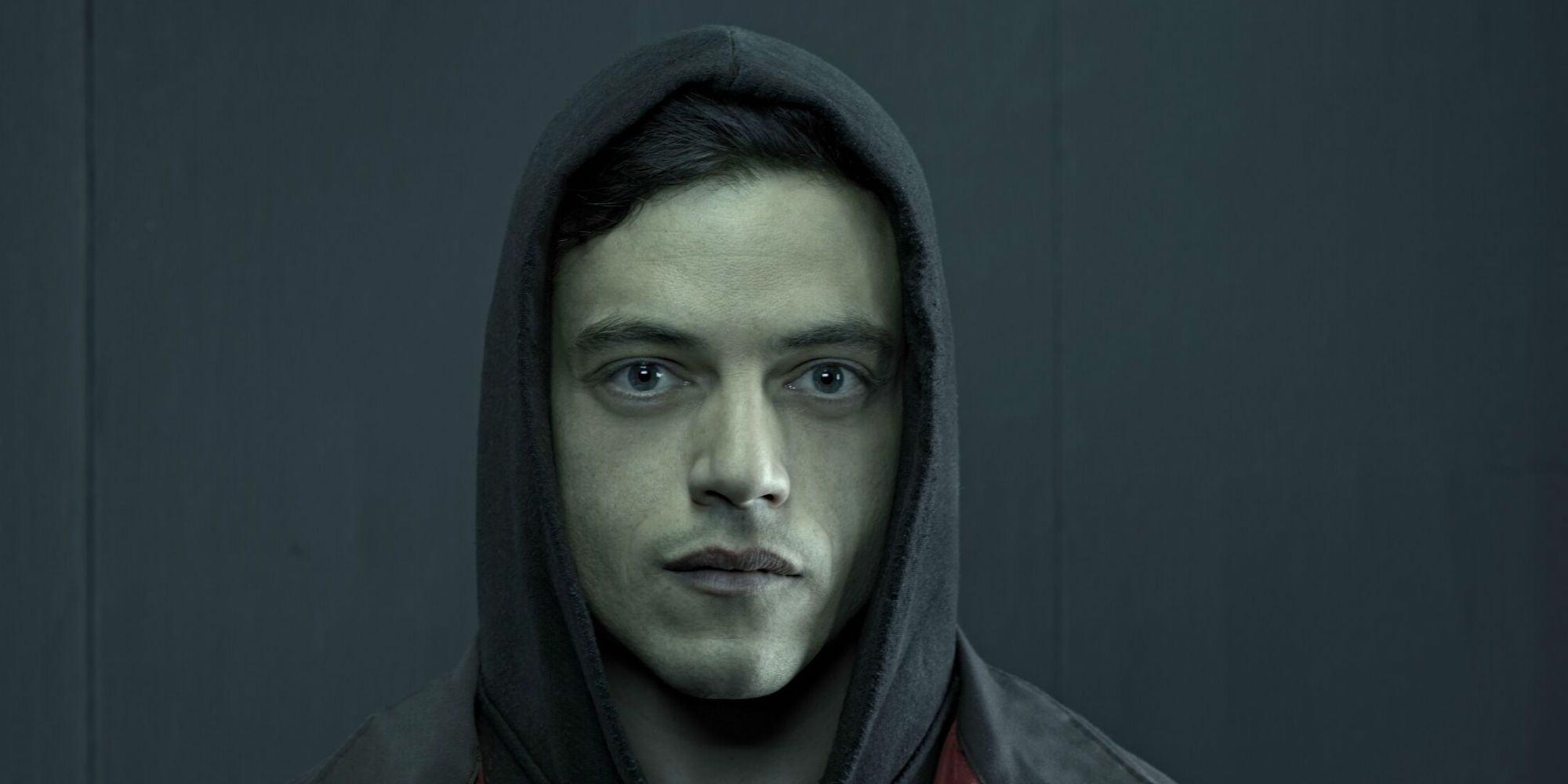 Rami Malek with a hood over his head in Mr. Robot.