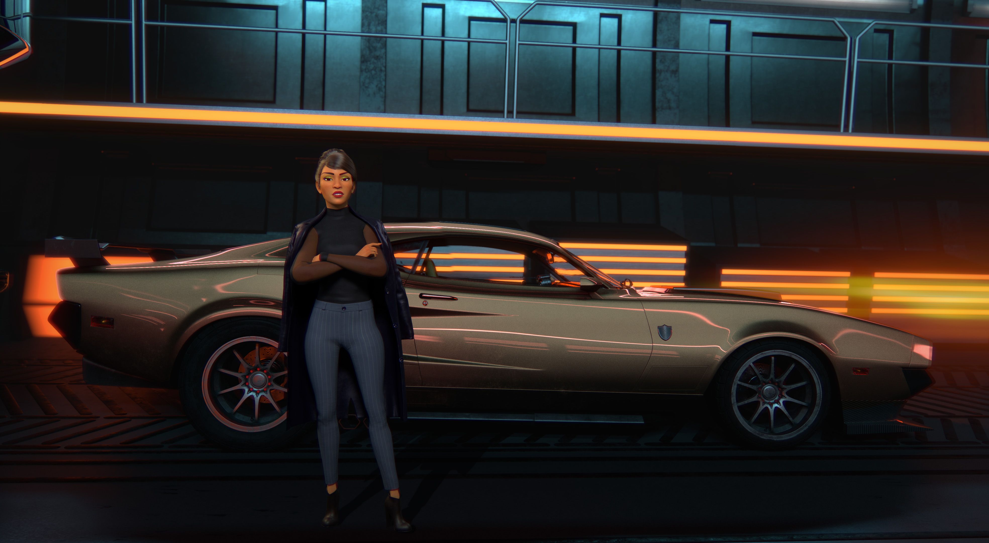 Ms Nowhere poses in front of her car in Fast and Furious Spy Racers season 2 Ms. Nowhere