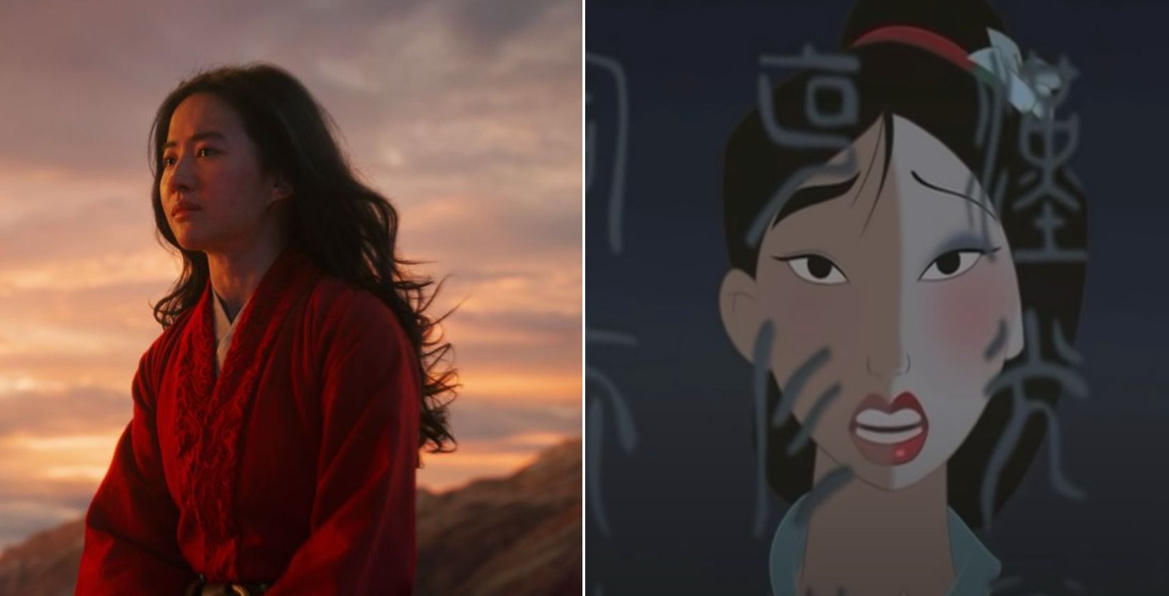 Comparison of the &quot;Reflection&quot; scene where Mulan is climbing a mountain from the 1998 animated version and 2020 live-action film.