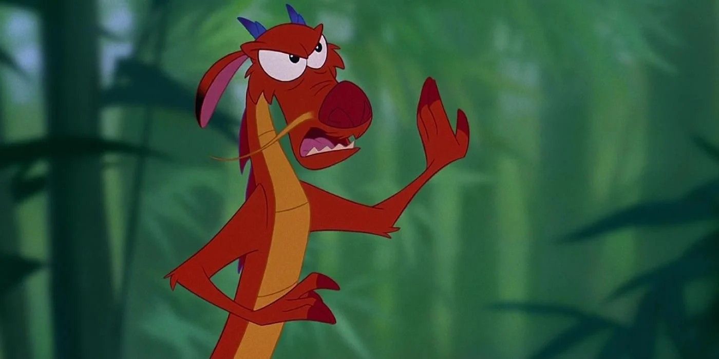 Mushu in Mulan with his hand up talking outside