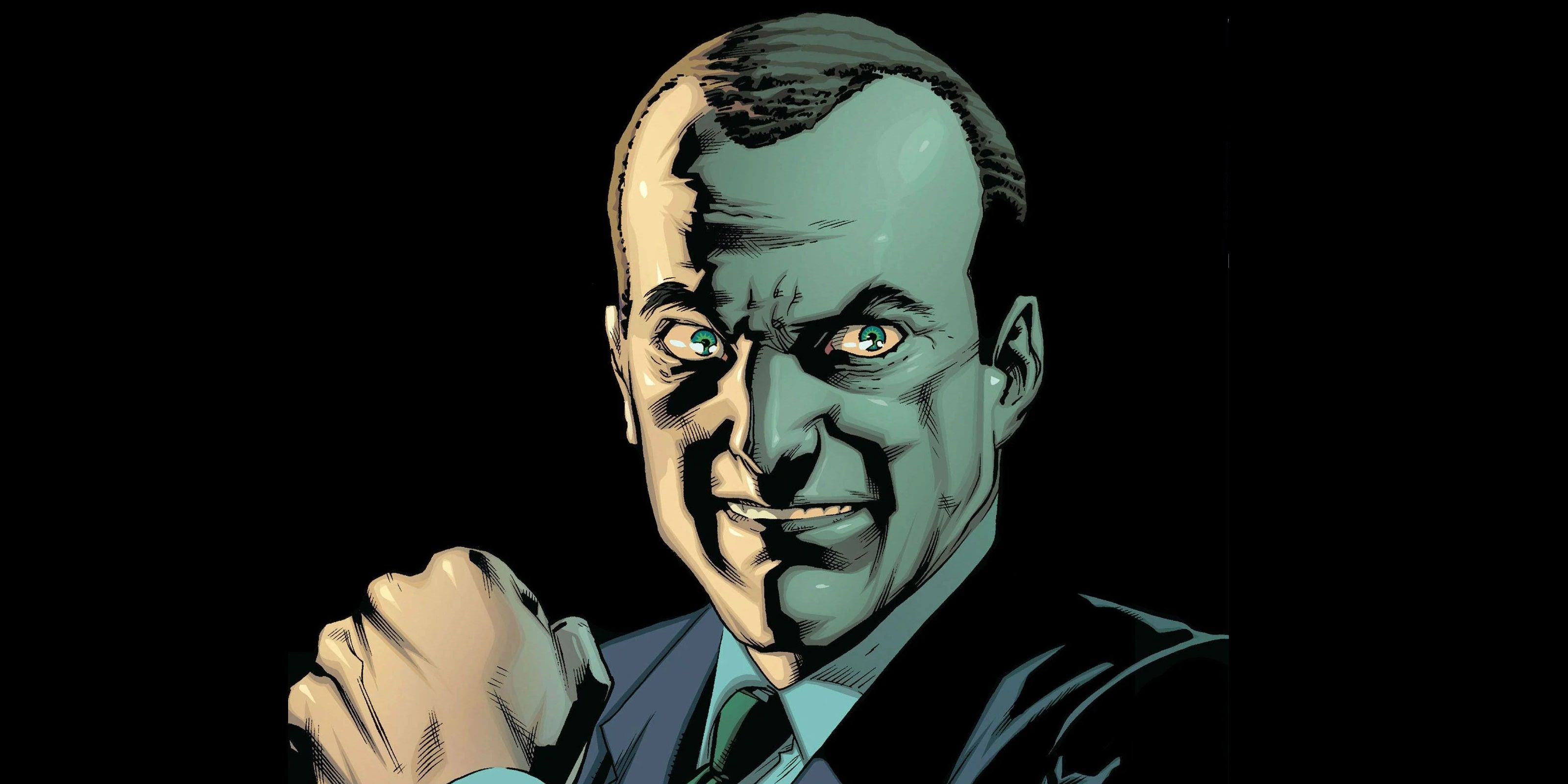 Norman Osborn smiles, enveloped in darkness, a look of madness in his eyes.