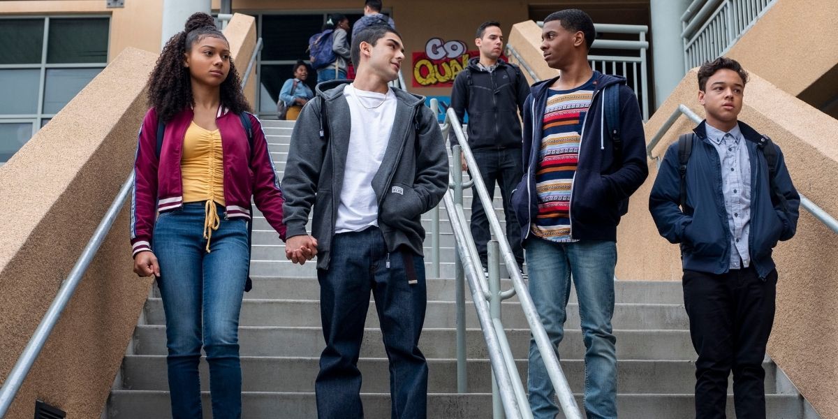 Original cast of On My Block walking on the stairs