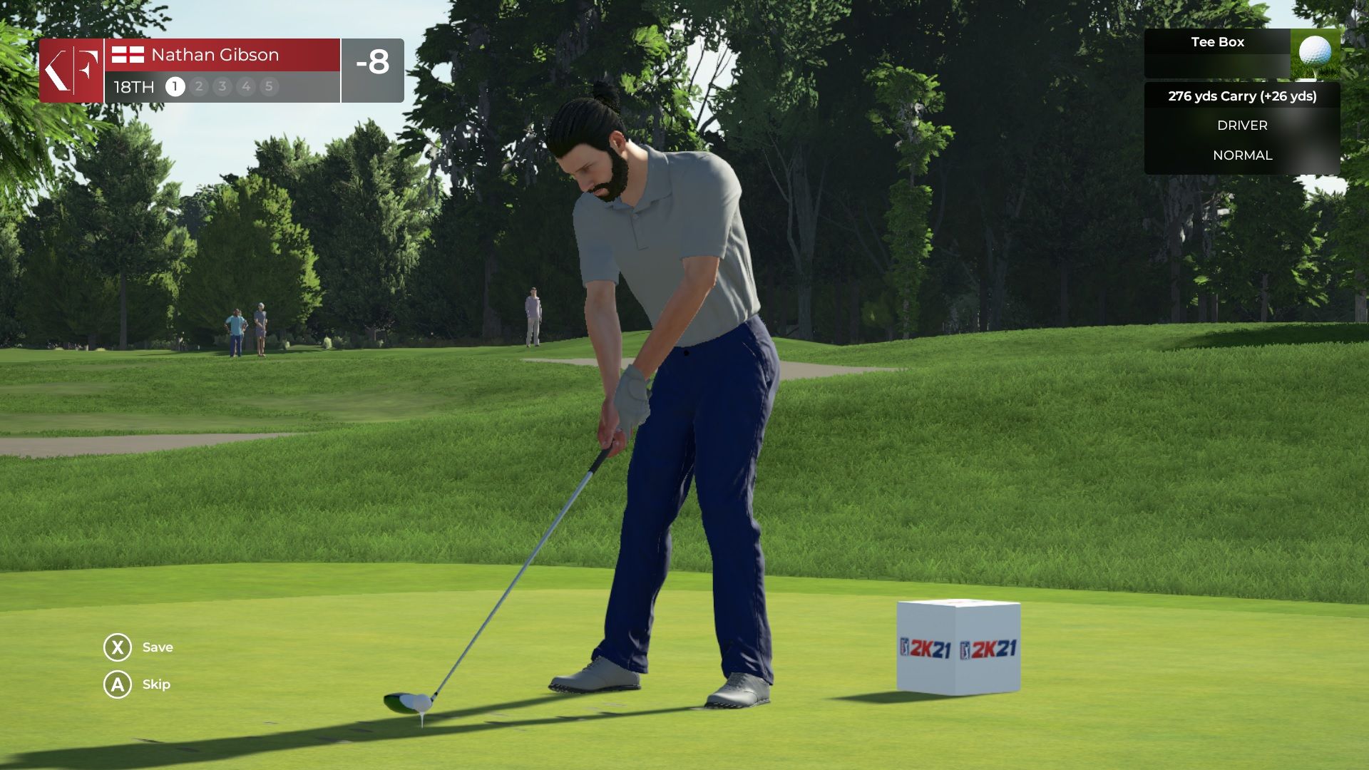 A screenshot of PGA Tour 2K21 showing the golfer teeing off.