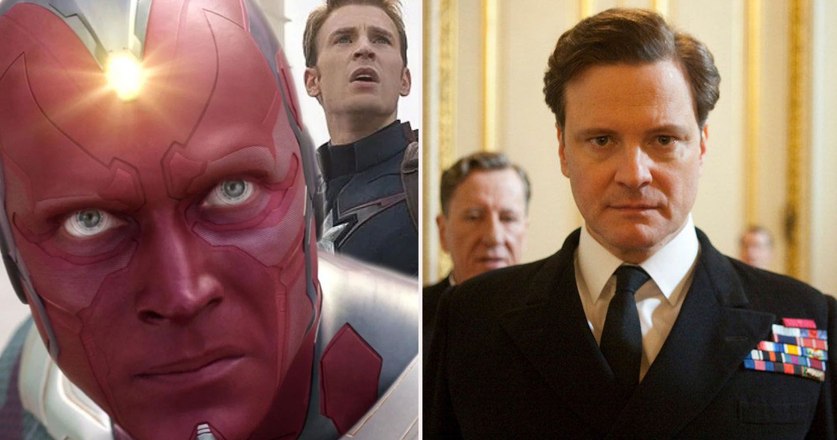 Split image: Paul Bettany as Vision next to Colin Firth as King George VI