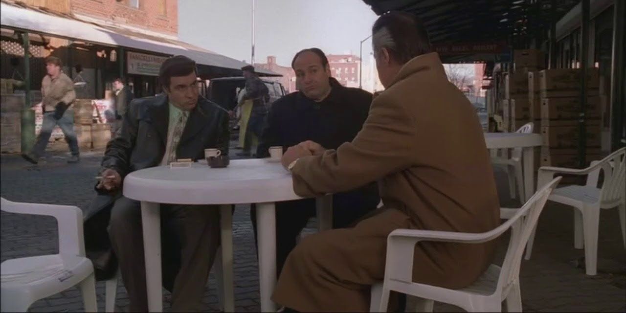 Paulie, Tony and Ralph sitting outside a deli in The Sopranos.