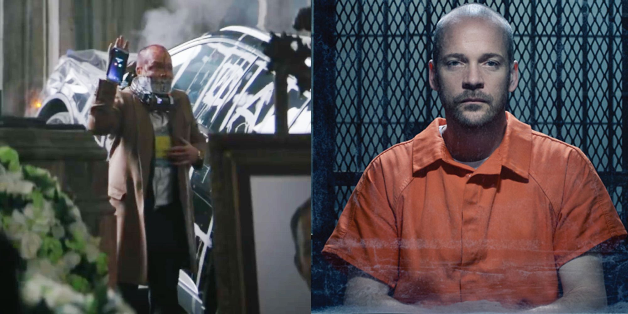 Peter Sarsgaard in The Killing alongside a screenshot from The Batman trailer