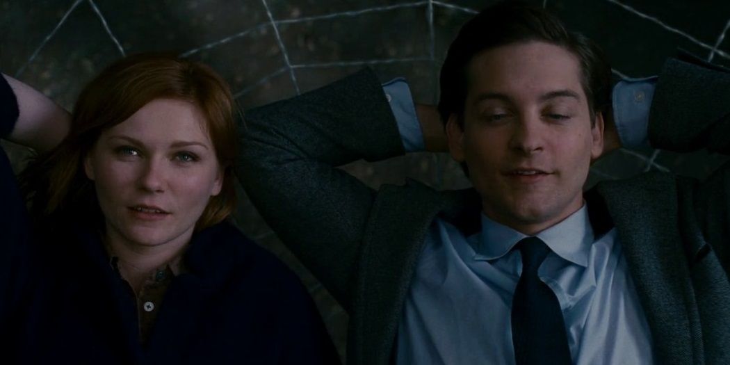 Peter and Mary Jane relaxing on a web in Spider-Man 3