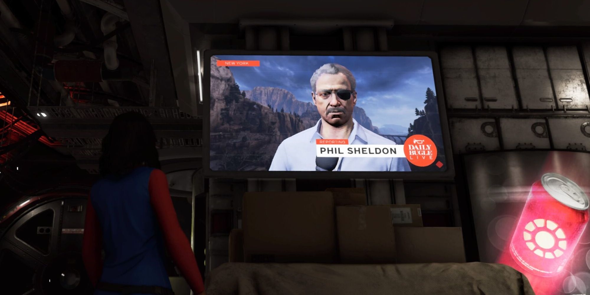 Phil Sheldon appears on a TV screen in Marvel's Avengers (2020)