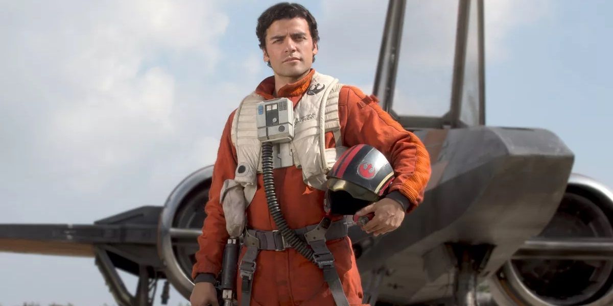 Poe Dameron poses in front of his plane in Star Wars: The Force Awakens.
