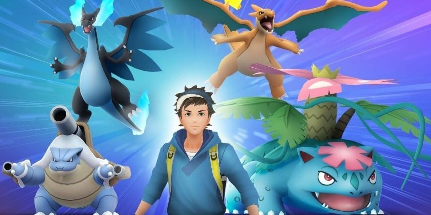 A trainer in Pokemon Go standing among a variety of Mega Evolutions.