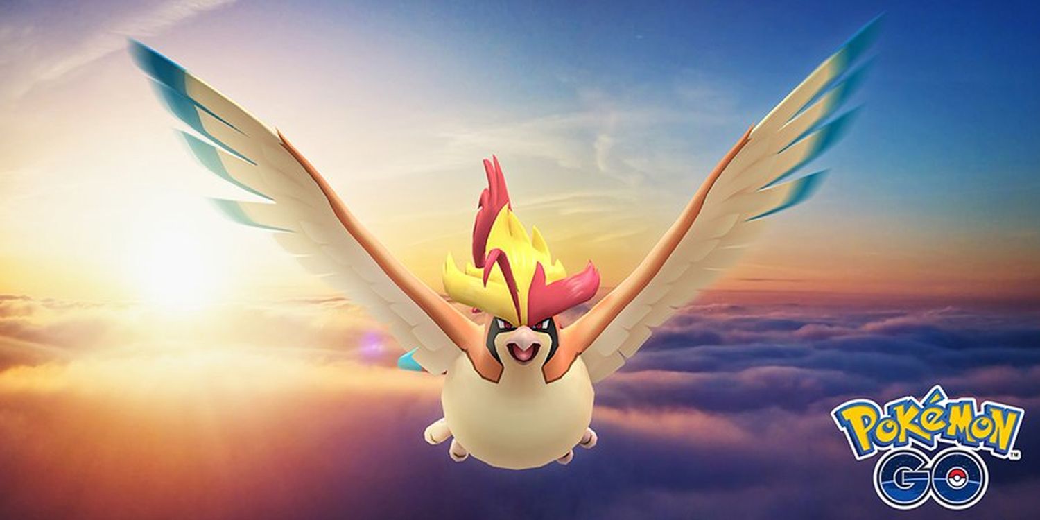 Mega Pidgeot soars through the air with the sun setting in the background in Pokemon Go