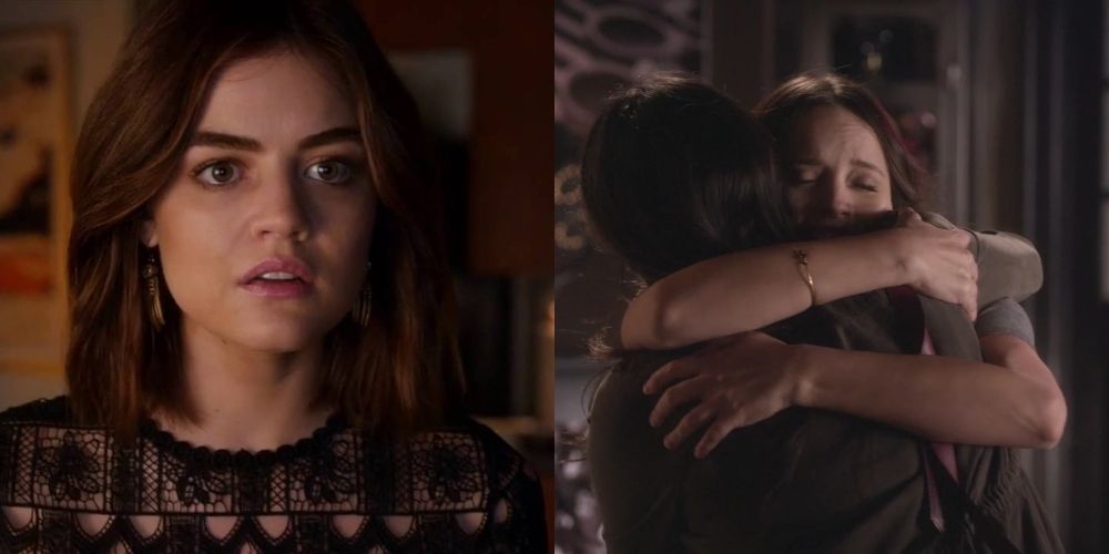 Aria looking shocked and Ezra and Nicole hugging on Pretty Little Liars