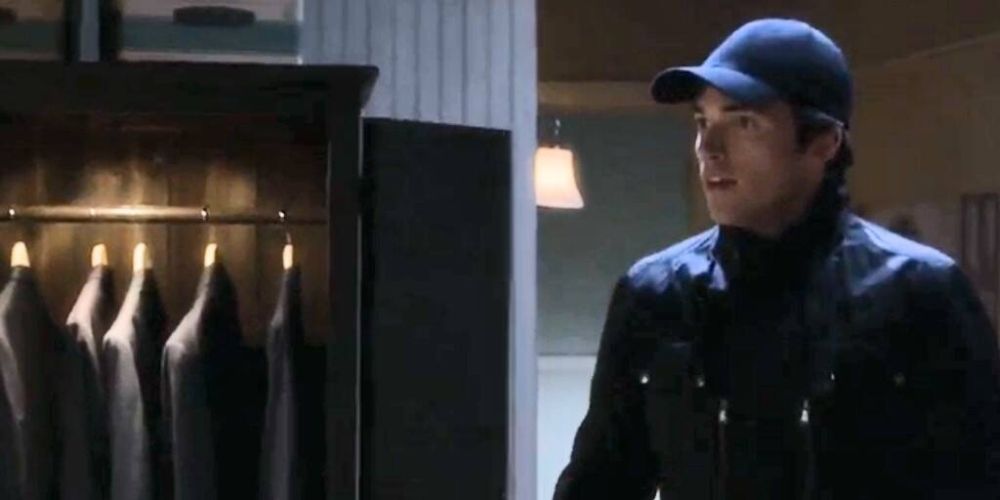 Split image of Ezra's closet and Ezra wearing a baseball cap in his lair on Pretty Little Liars