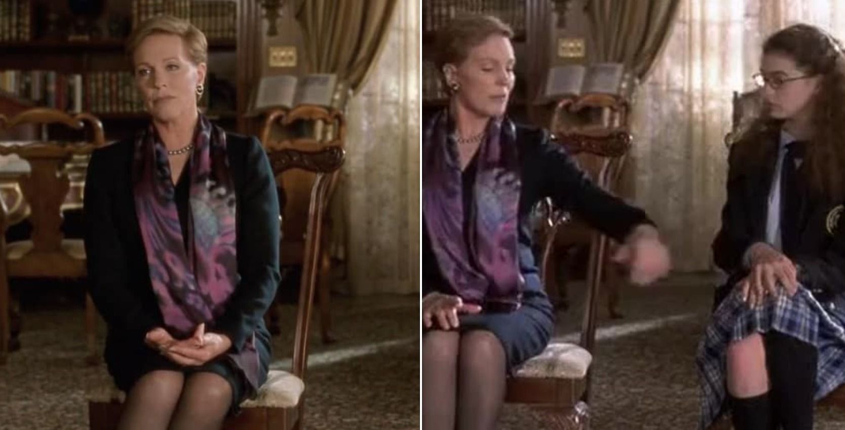 Queen Clarisse (Julie Andrews) instructing Mia (Anne Hathaway) in the movie 
