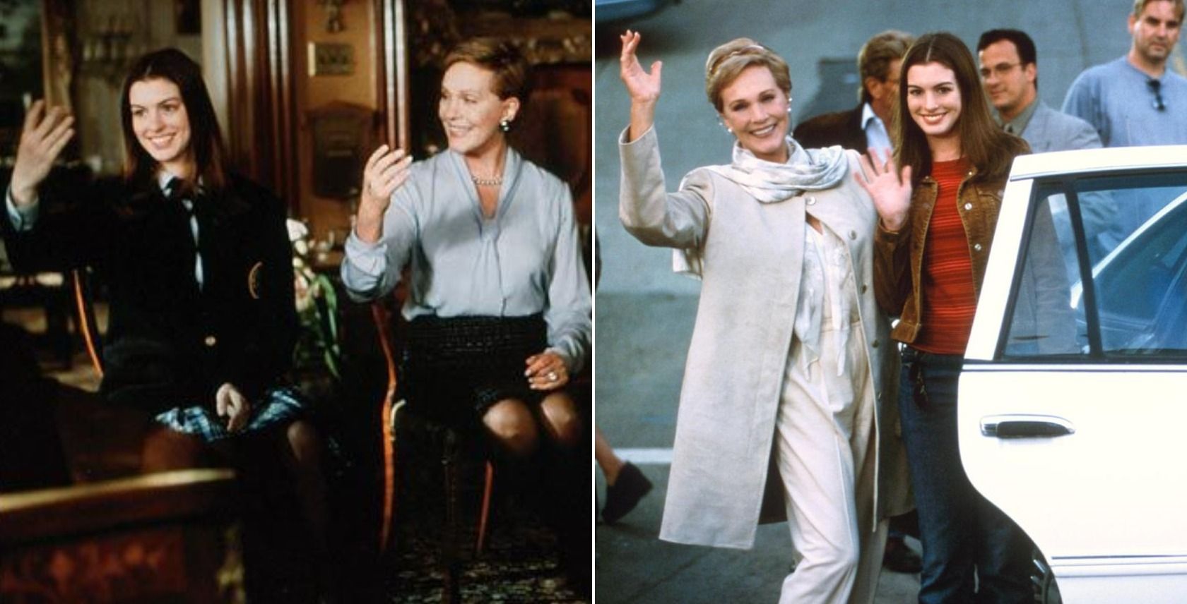 Queen Clarisse (Julie Andrews) instructing Mia (Anne Hathaway) on how to wave in the movie 