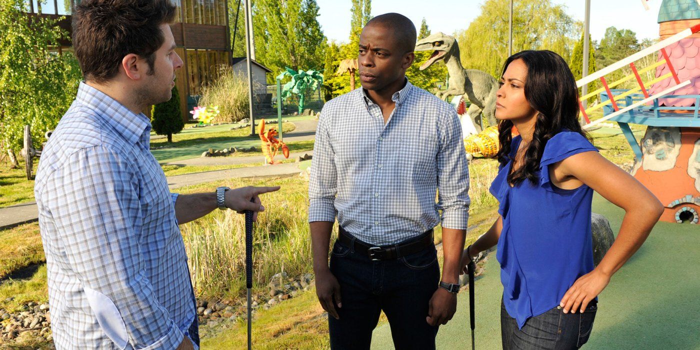 Shawn Spencer, Burton Guster, and Rachael mini golfing in Psych