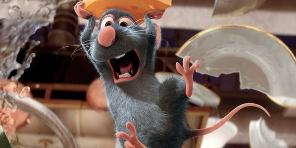 Remy stealing a piece of cheese from the kitchen in Ratatouille