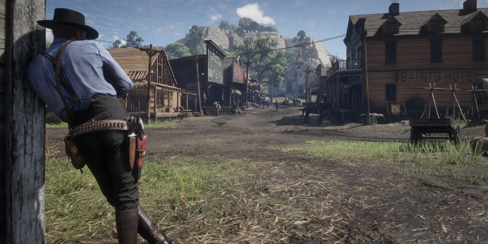 Arthur leans in the town of Valentine