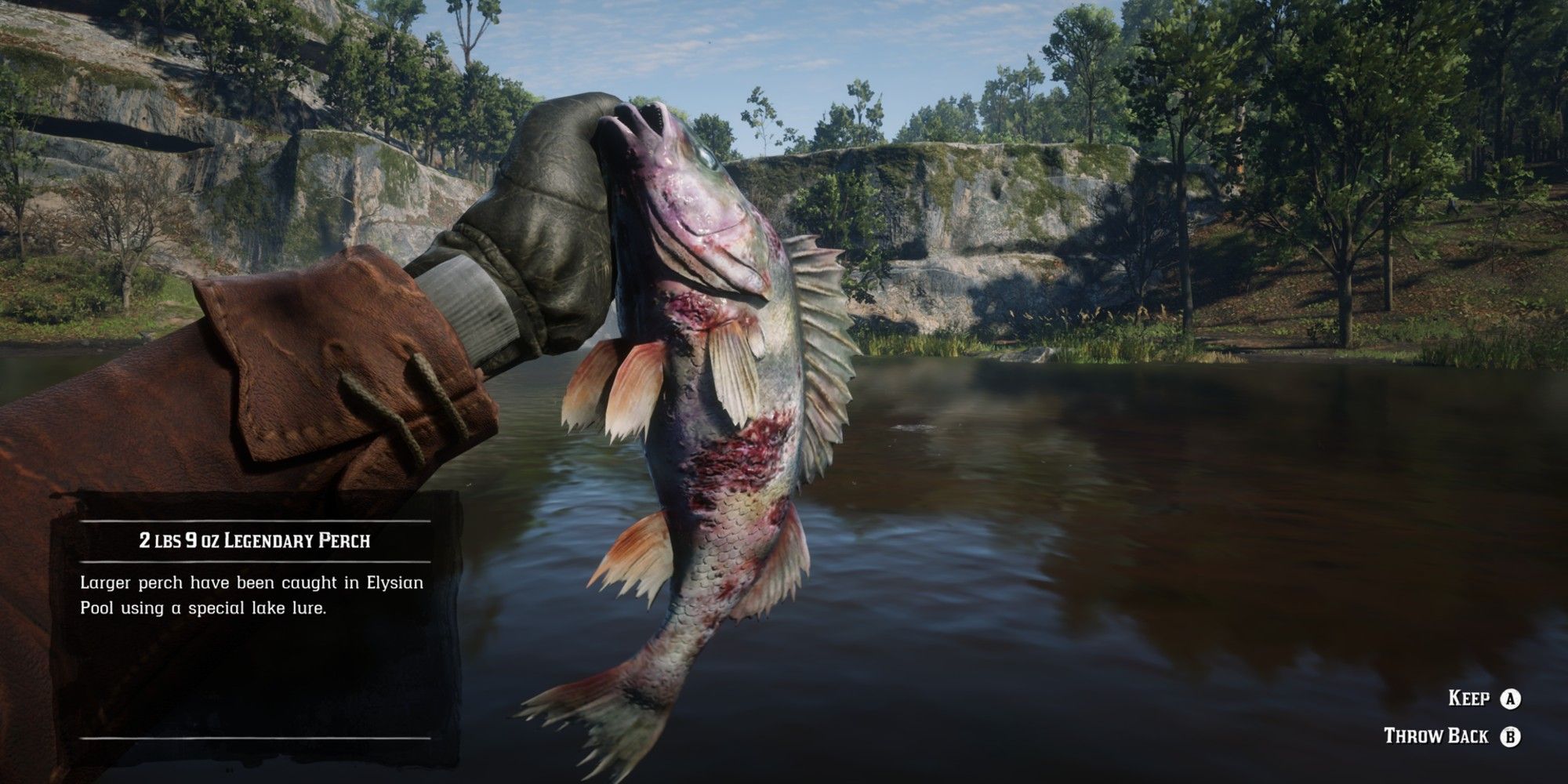 A player holds up the Legendary Perch he caught in Red Dead Redemption 2