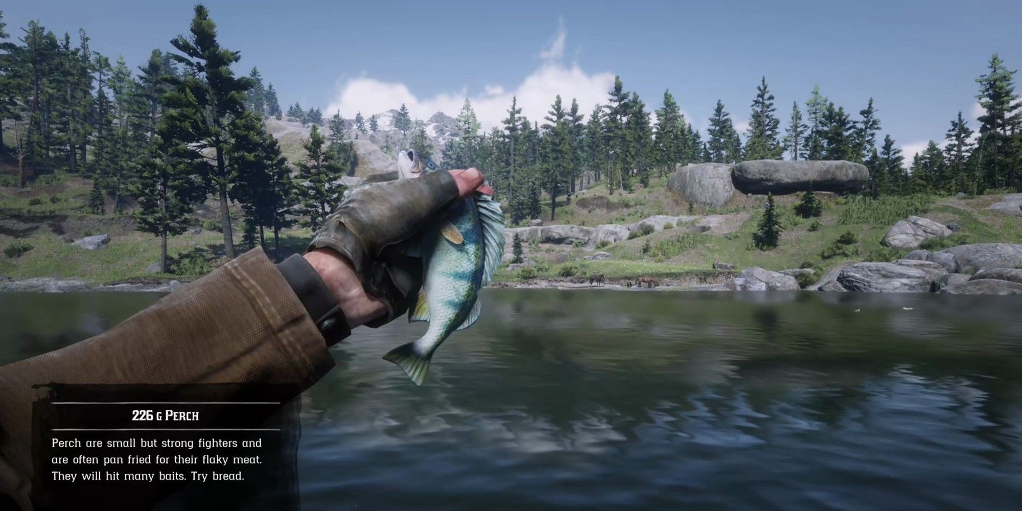 A player holds up the Perch he caught in Red Dead Redemption 2