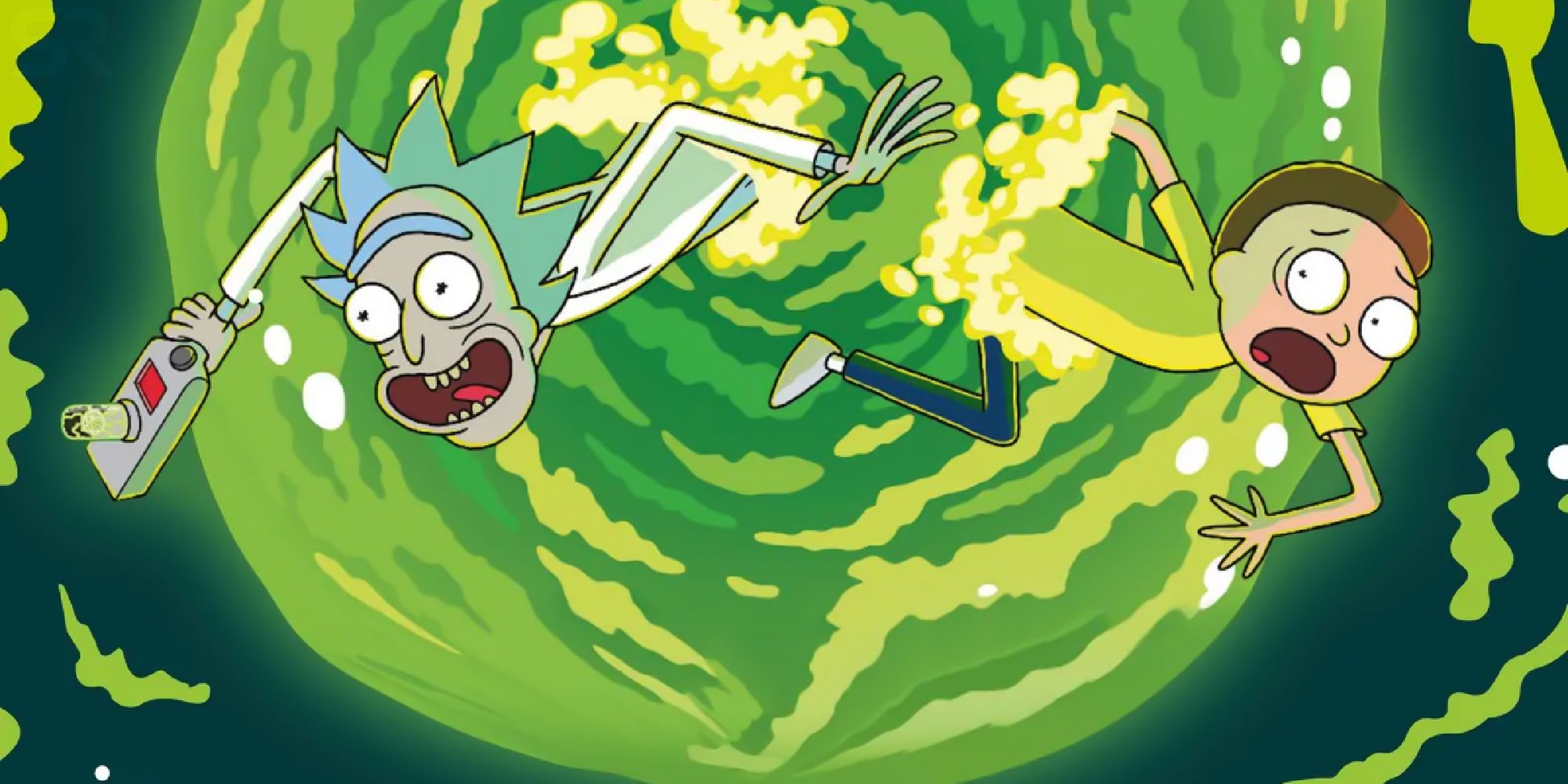 Rick and Morty falling through a portal