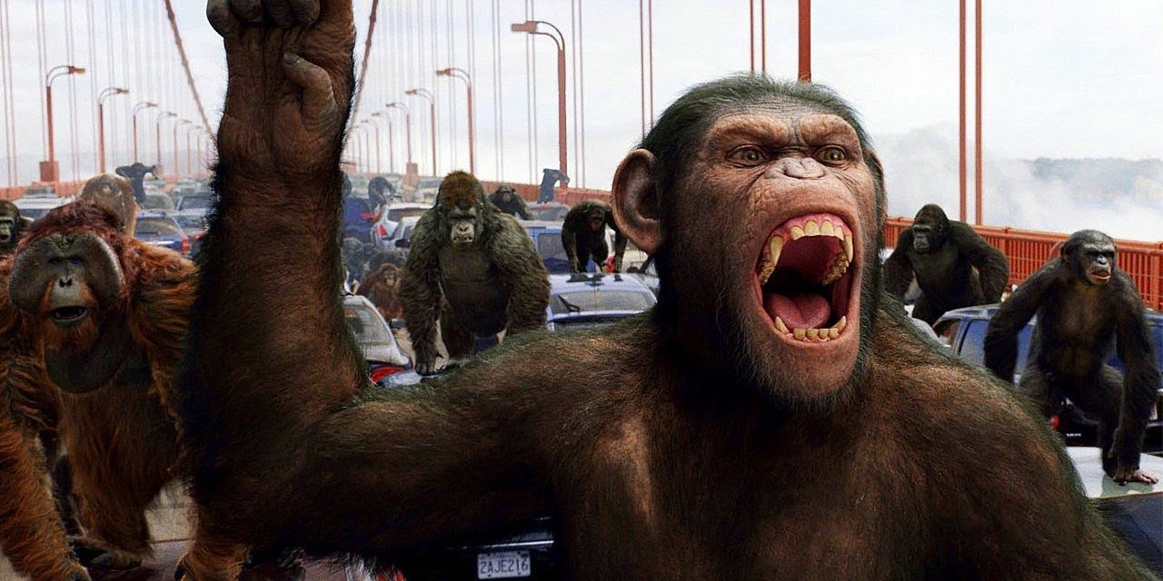 Caesar roars as he leads a group of apes in Rise of the Planet of the Apes