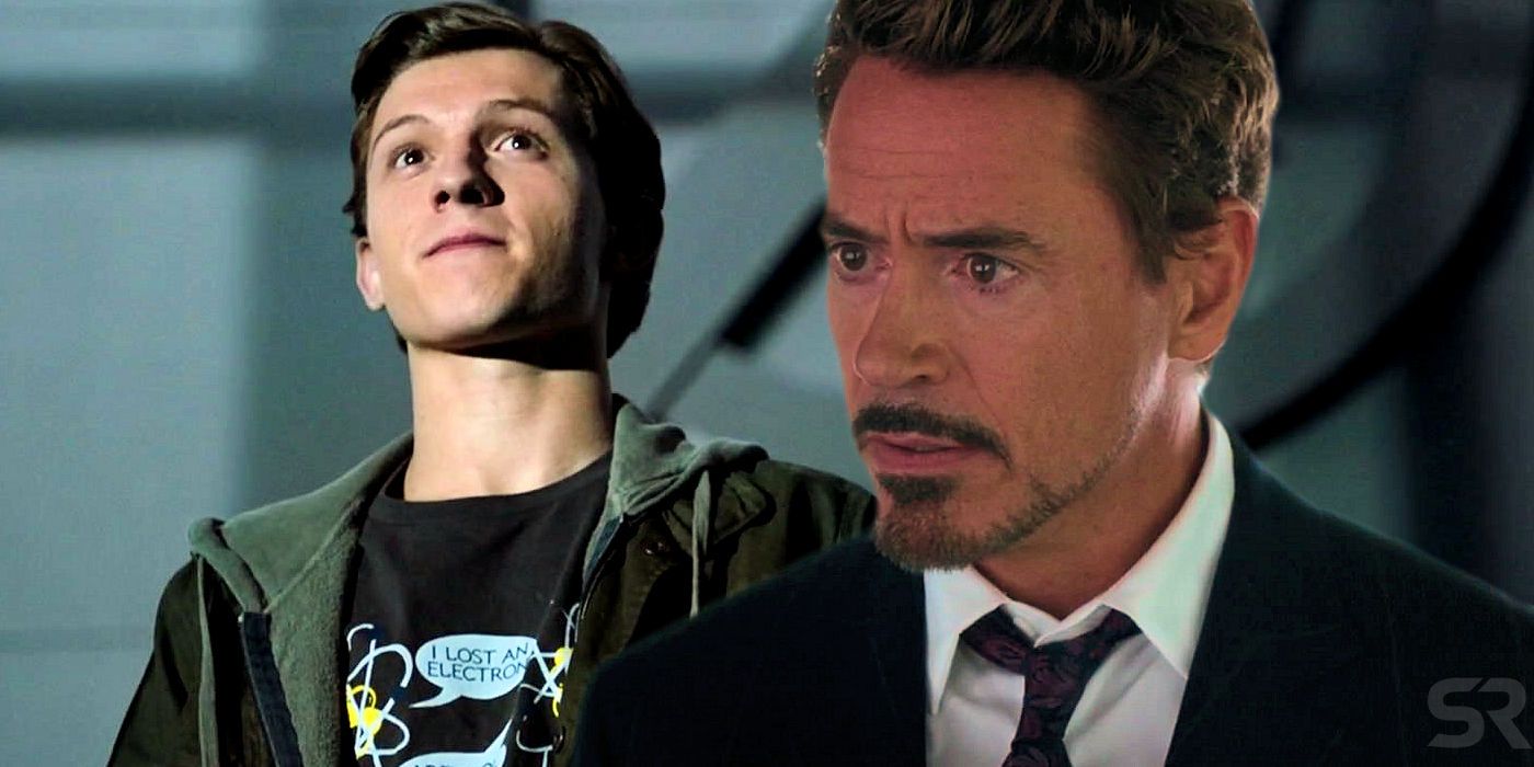 Robert Downey Jr as Tony Stark and Tom Holland as Peter Parker in Spider-Man Homecoming