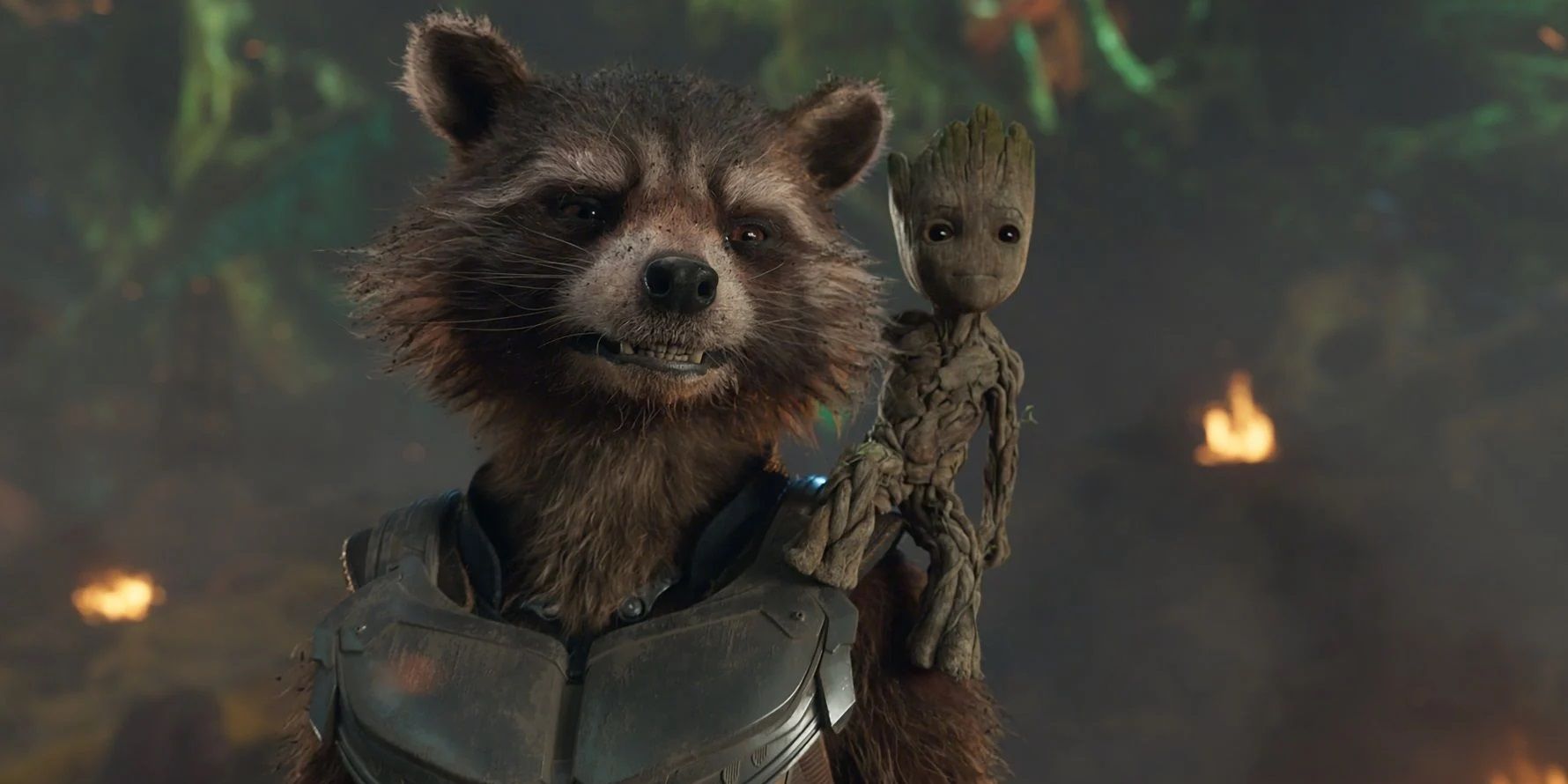 Rocket with Groot on his shoulder in Guardians of the Galaxy Vol 2