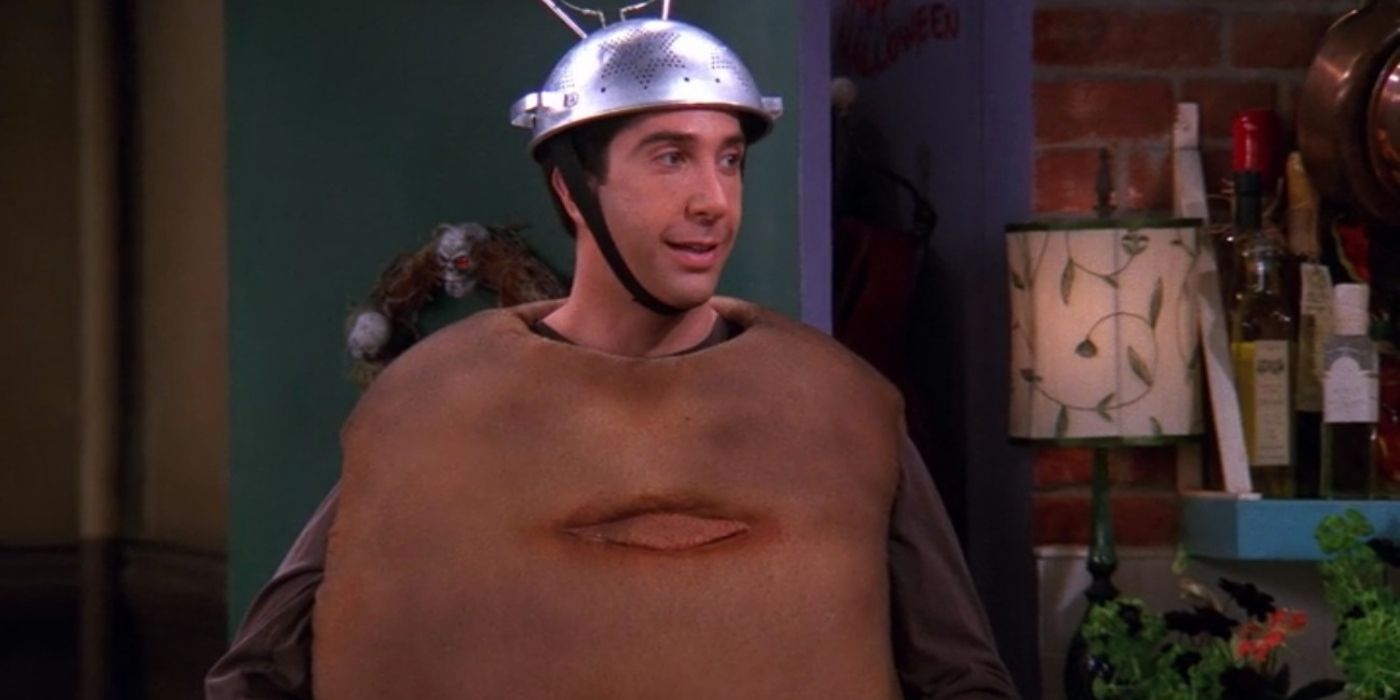 Ross As Spud-Nik On Friends wearing a potato costume and a satellite on his head
