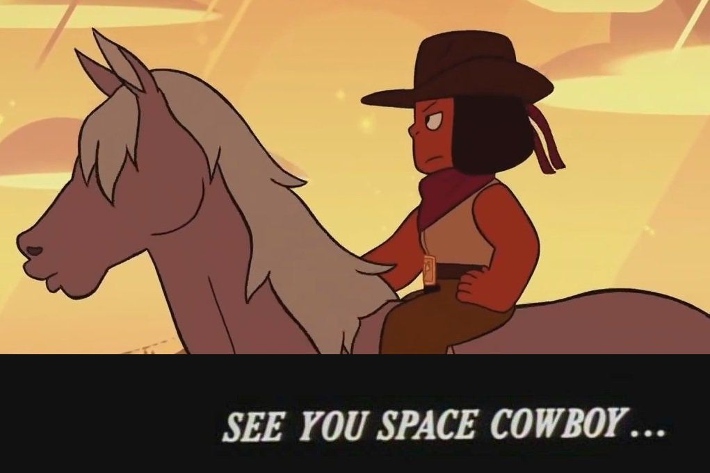 A Cowboy Bebop meme where Steven Universe's Ruby says the show's ending tagline 'See you space Cowboy'