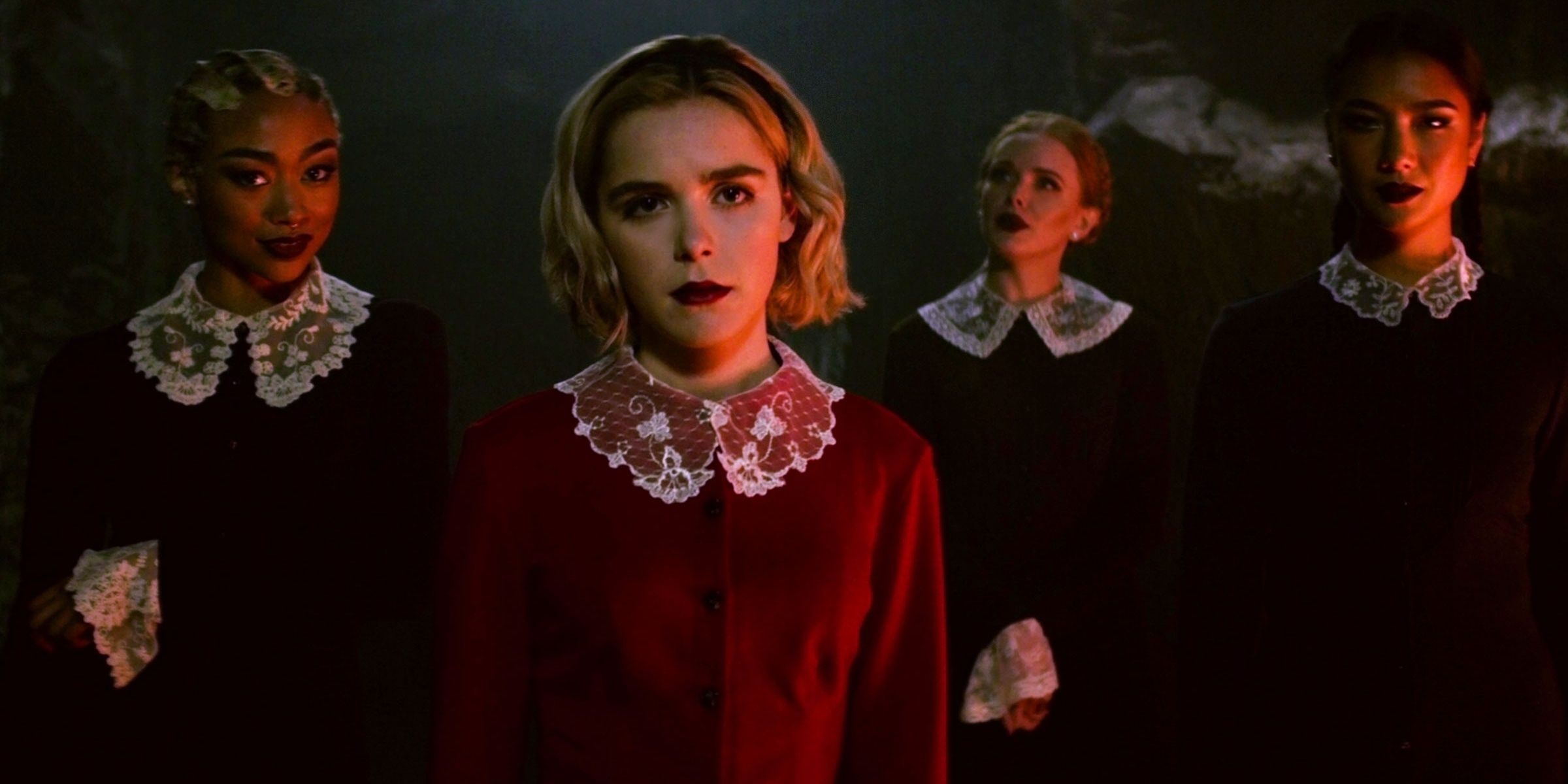 Sabrina stands with the Weird Sisters