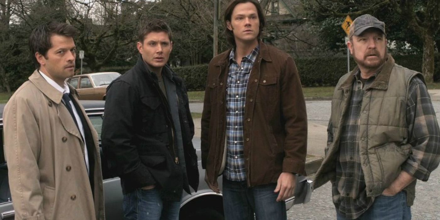 Sam and Dean with Bobby and Castiel in Supernatural.