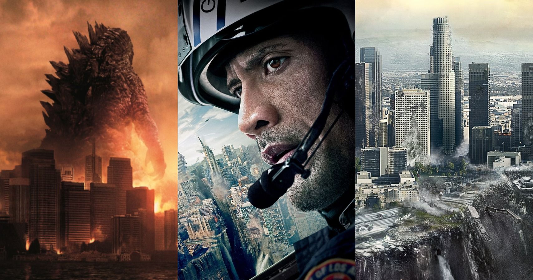 A collage featuring the posters of 2014's Godzilla, San Andreas and 2012