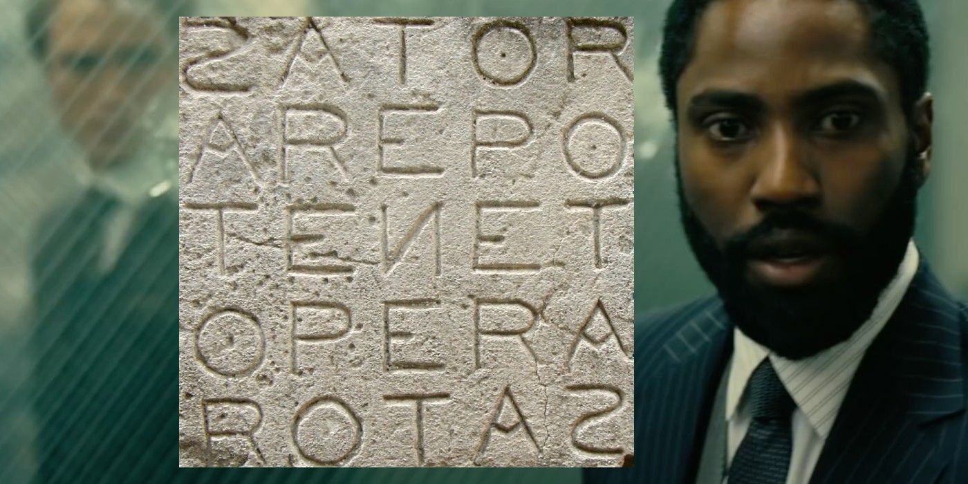 A composite image of John David Washington and the Sator Square in Tenet