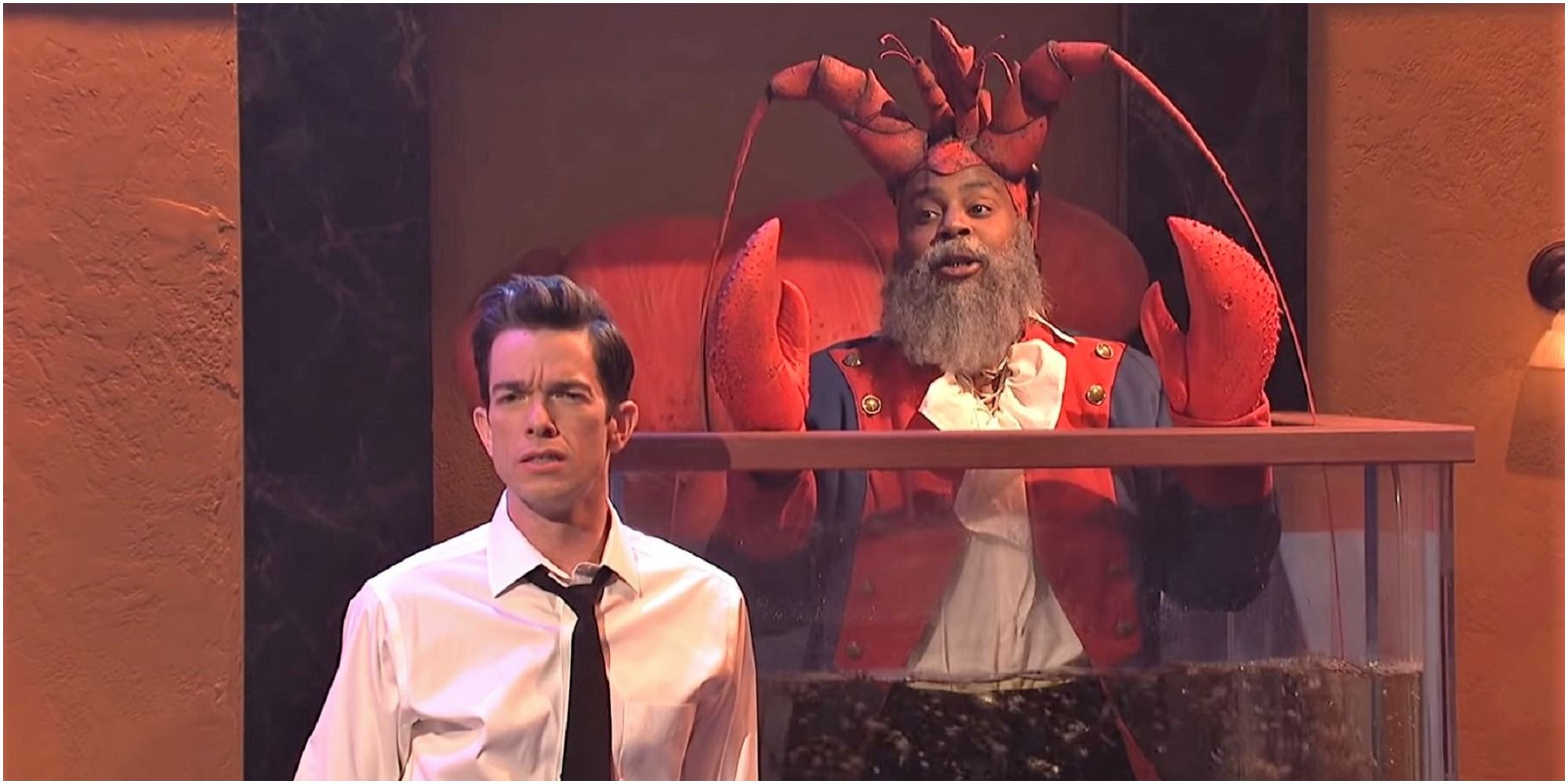 A screenshot of John Mulaney and Kenan Thompson in the &quot;Diner Lobster&quot; sketch from SNL