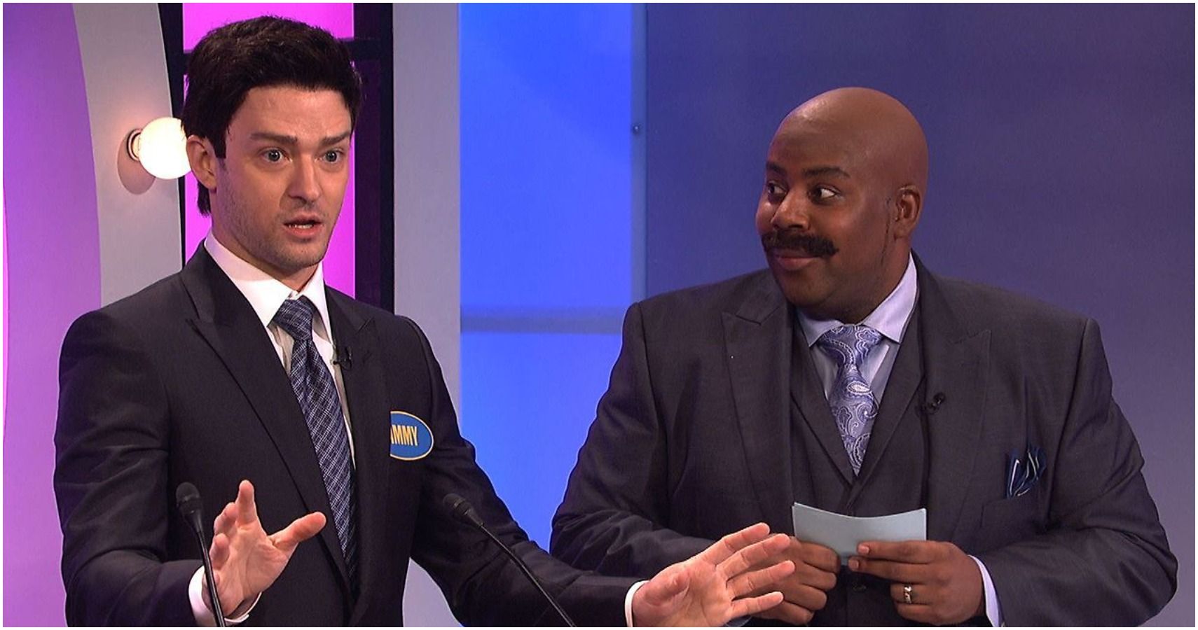 A screenshot of Justin Timberlake as Jimmy Fallon and Kenan Thompson as Steve Harvey in the 