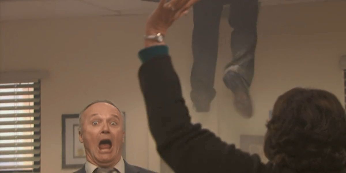 Creed screams as someone falls through the ceiling in The Office