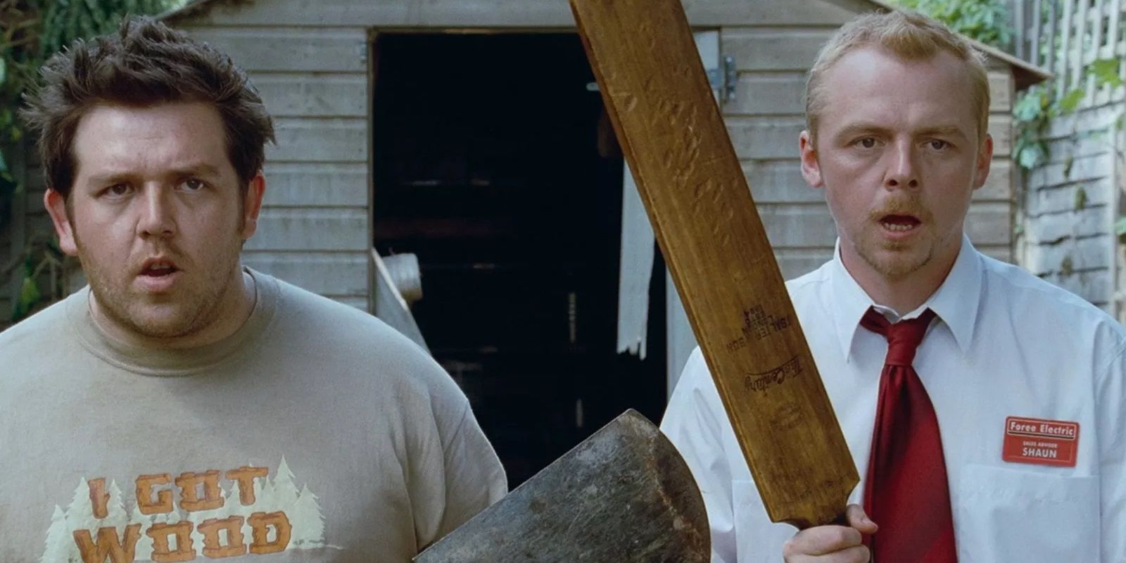 Simon Pegg with a cricket bat and Nick Frost with a shovel in Shaun of the Dead