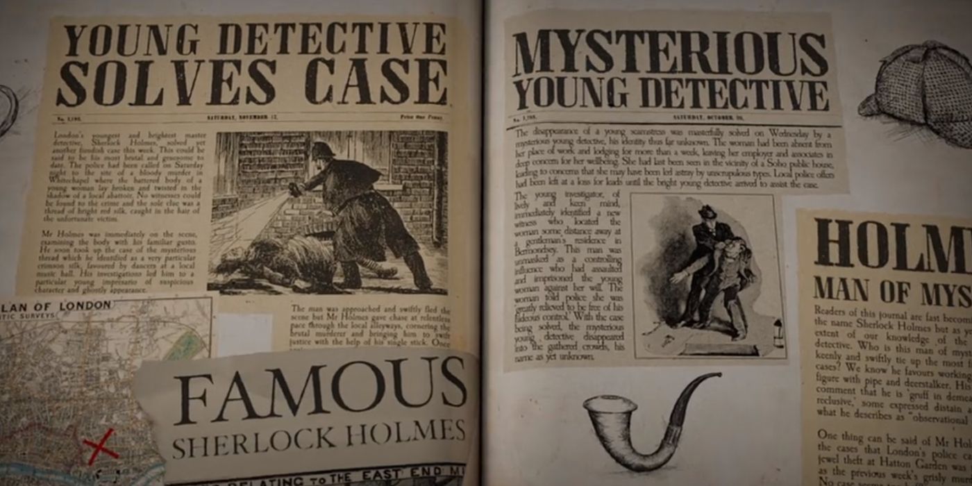 A collection of newspaper articles about Sherlock Holmes in the Enola Holmes movie