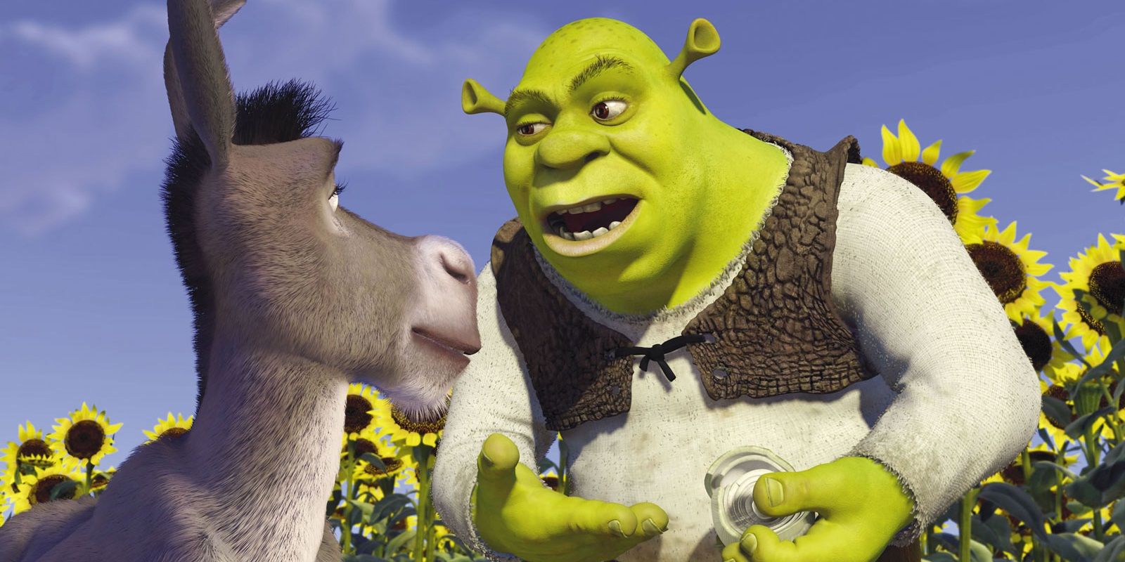 Shrek and Donkey standing by a sunflower field