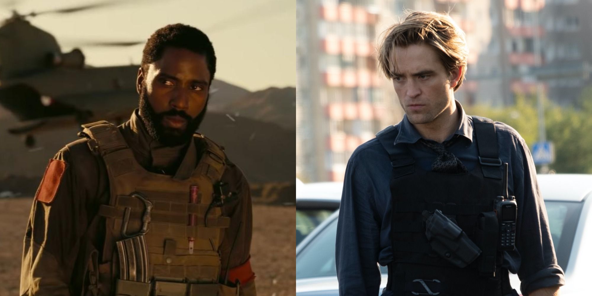 Side by side images of John David Washington and Robert Pattinson in tactical gear in Tenet