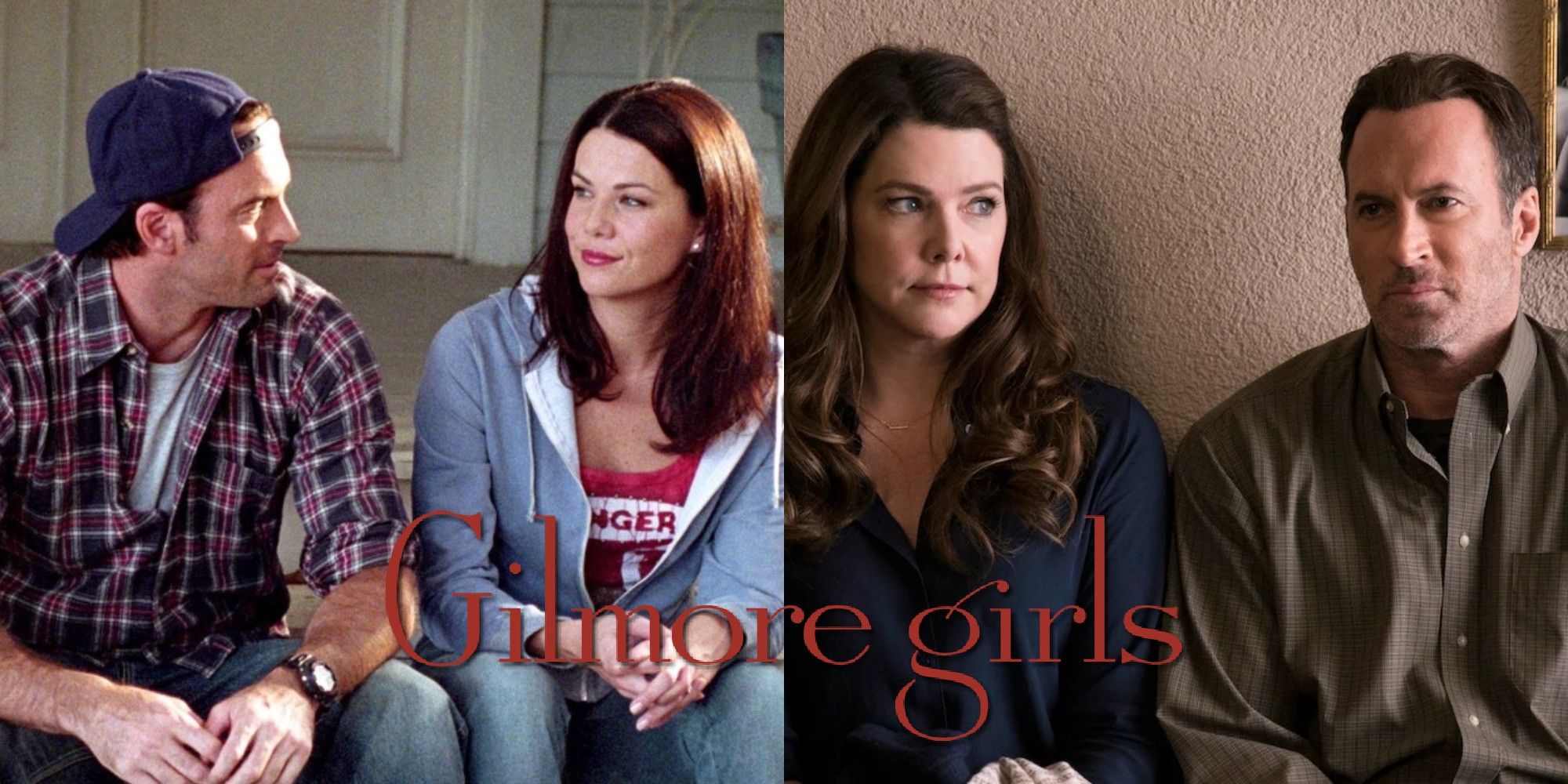 Side by side images of Luke and Lorelai in Gilmore Girls with the show's logo over the top