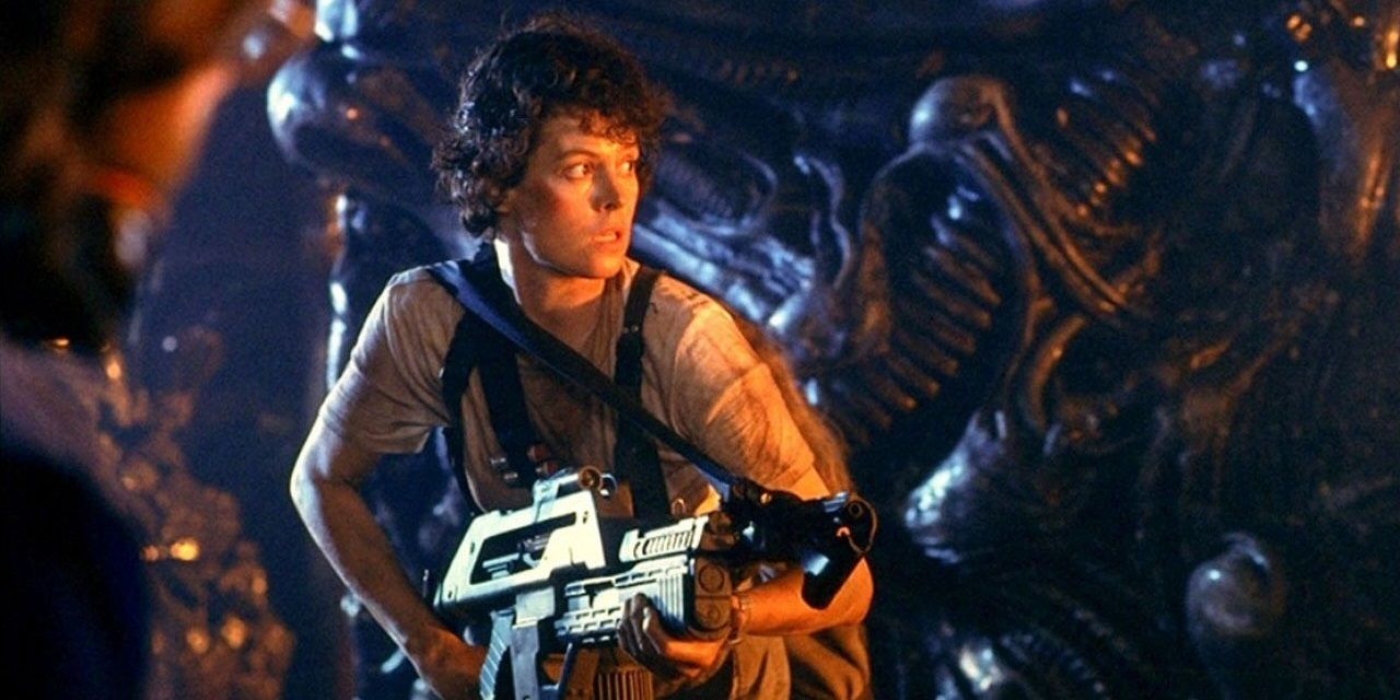 Sigourney Weaver wielding a flamethrower in the hive in Aliens 1986