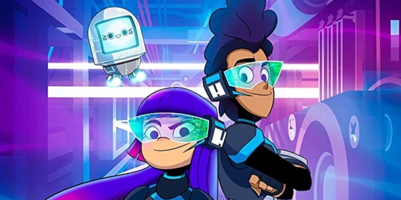 The two lead characters of Glitch Techs standing next to each other with their arms crossed